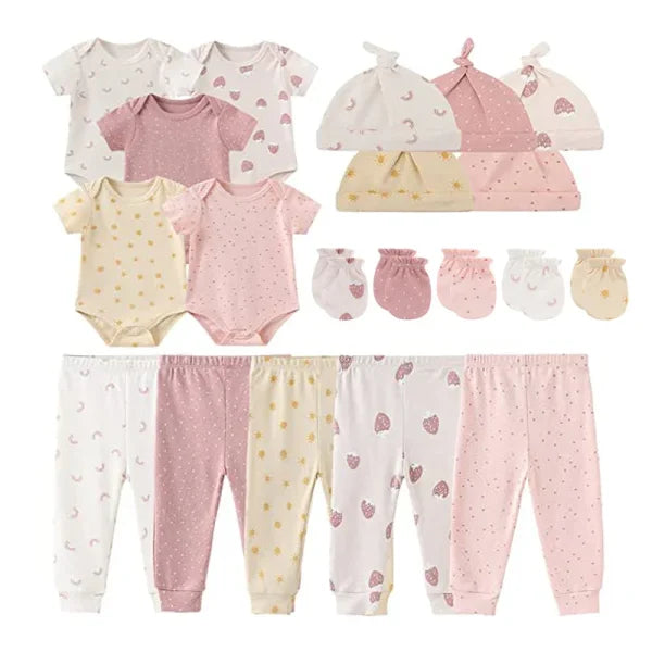 Unisex Newborn Baby Clothes Set – Cotton Bodysuits Pants Hats & Gloves for Boys & Girls - TPHG57 / 3M