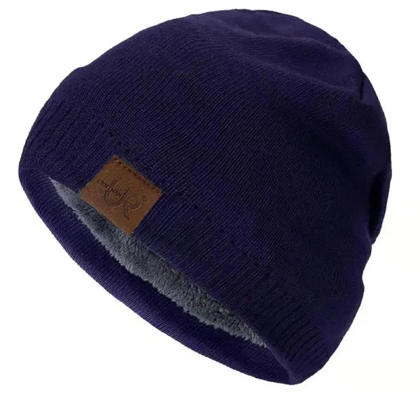 Unisex URGENTMAN Labal Winter Hats Solid Color Knitted Beanie Caps - Navy Blue / 54cm-60cm