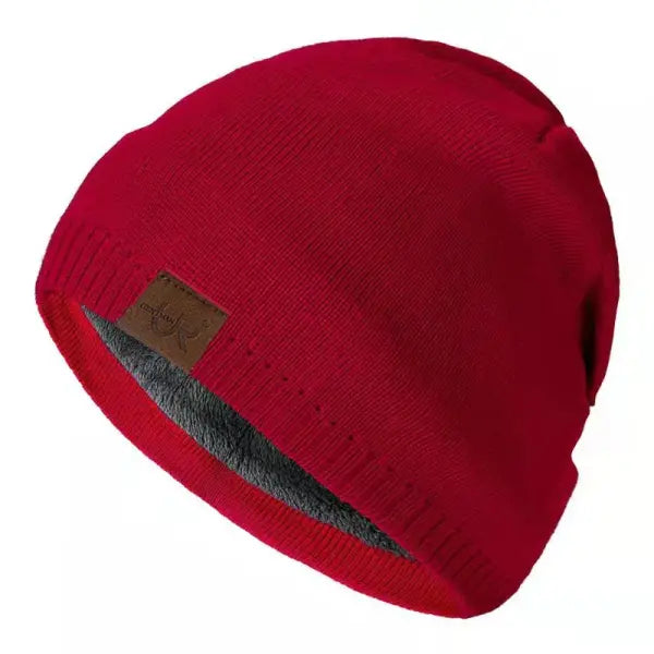 Unisex URGENTMAN Labal Winter Hats Solid Color Knitted Beanie Caps - Red / 54cm-60cm