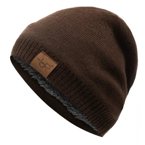 Unisex URGENTMAN Labal Winter Hats Solid Color Knitted Beanie Caps - Coffee / 54cm-60cm