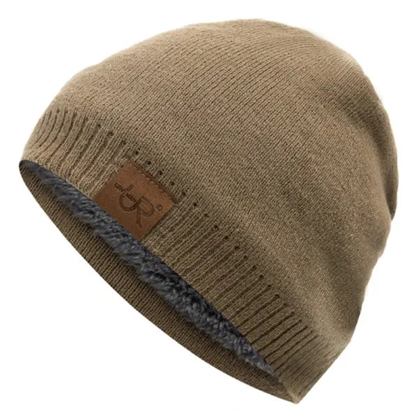 Unisex URGENTMAN Labal Winter Hats Solid Color Knitted Beanie Caps - Khaki / 54cm-60cm