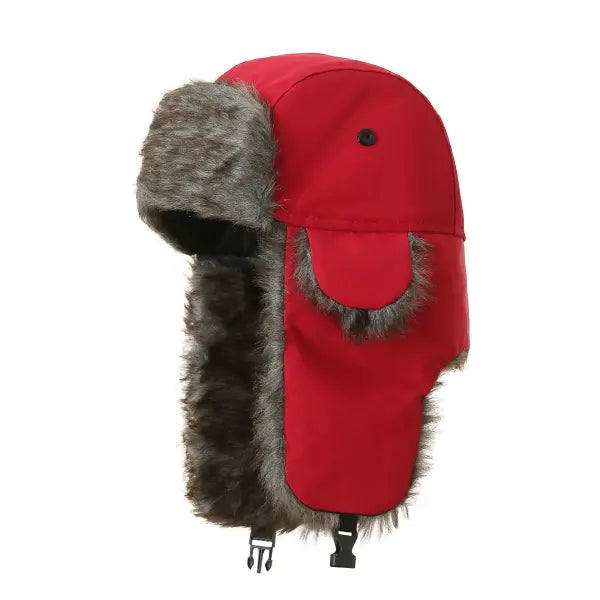 Unisex Winter Trapper Hat – Faux Fur Aviator Trooper Cap with Earflaps for Men & Women - Red