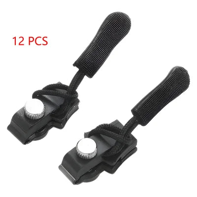 Black plastic boot buckle straps with textured handles for zipper repair devices