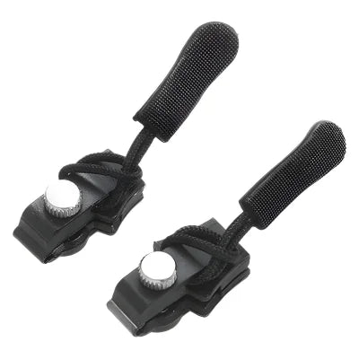 Black plastic boot buckles with textured grip for Universal Tool-free Zipper Head Repair Device