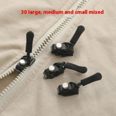 Black zipper pulls with rubber grips for easy zipper repair and replacement of zipper heads