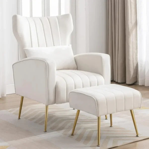 Upholstered Wingback Chair with Ottoman - Modern Bedroom Arm Chair with Lumbar Pillow