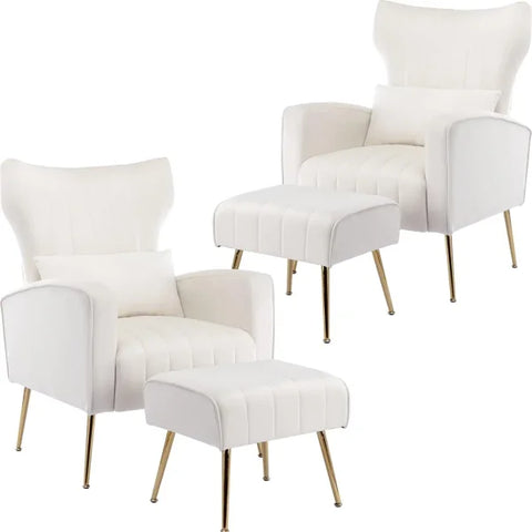 Upholstered Wingback Chair with Ottoman - Modern Bedroom Arm Chair with Lumbar Pillow - United States / Cream-Two Sets