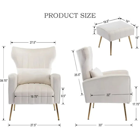 Upholstered Wingback Chair with Ottoman - Modern Bedroom Arm Chair with Lumbar Pillow