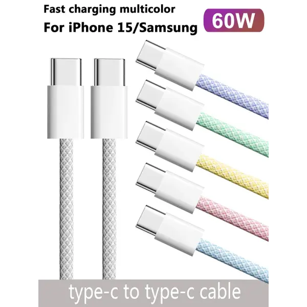 USB-C to Type C Color Cable For Apple iPhone 15 PD 60W Fast Charging For Huawei Xiaomi Samsung Type C Weaving Cable