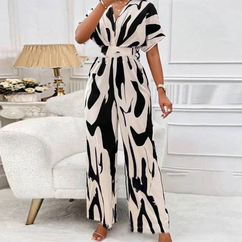 V-neck Jumpsuit - Trendy and Comfortable Women’s Fashion Outfit - 2XL / Black And White