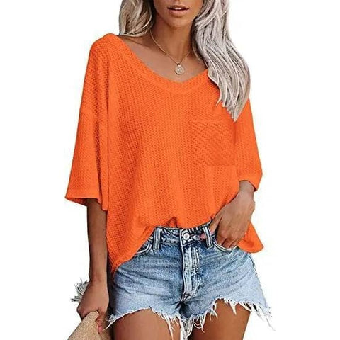 V-neck Shirts Women Summer Short Sleeve Green Tops With Patched Pocket - Orange / L