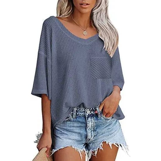 V-neck Shirts Women Summer Short Sleeve Green Tops With Patched Pocket - Navy blue / L