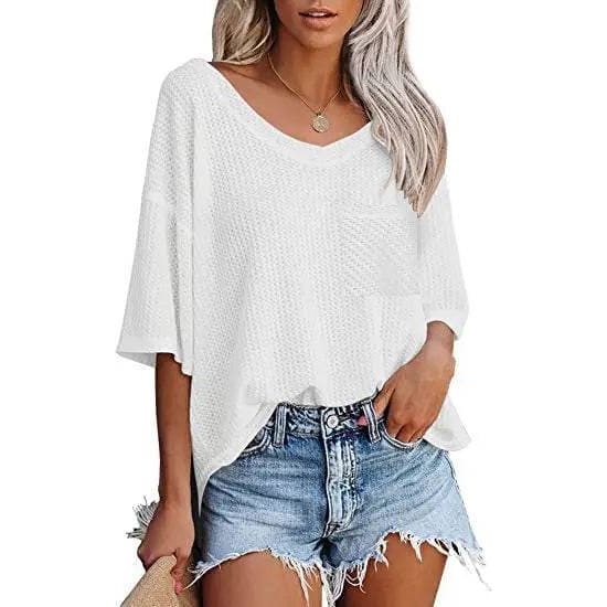 V-neck Shirts Women Summer Short Sleeve Green Tops With Patched Pocket - White / L