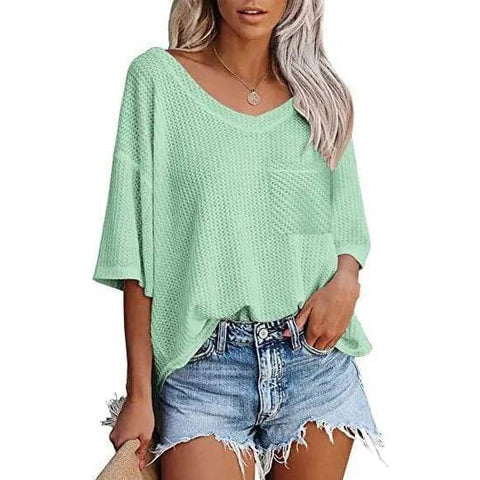 V-neck Shirts Women Summer Short Sleeve Green Tops With Patched Pocket - Light green / L