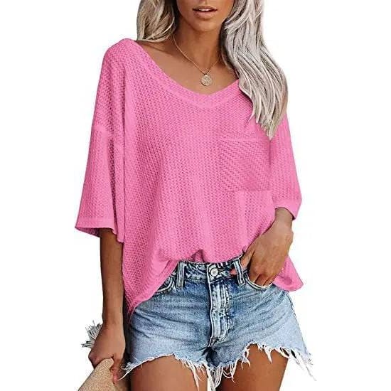 V-neck Shirts Women Summer Short Sleeve Green Tops With Patched Pocket - Bright pink / L