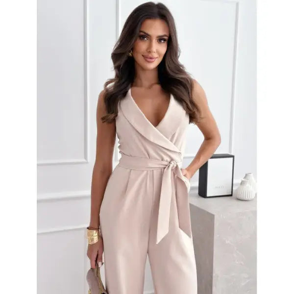 V-neck Sleeveless Belted Jumpsuit in All Sizes for Summer Fashion - Apricot / L - None
