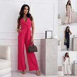 V-neck Sleeveless Belted Jumpsuit in All Sizes for Summer Fashion - None