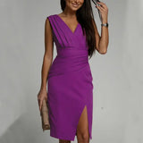 V-neck Sleeveless Split Dress All Sizes Slim High Waist Party Wear - None