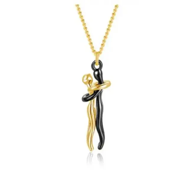 Gold and black pendant necklace with embracing figures, romantic couple jewelry for Valentine’s Day gifts