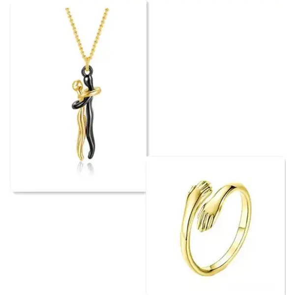 Gold and black pendant love necklace with matching hug ring for Valentine’s Day gifts