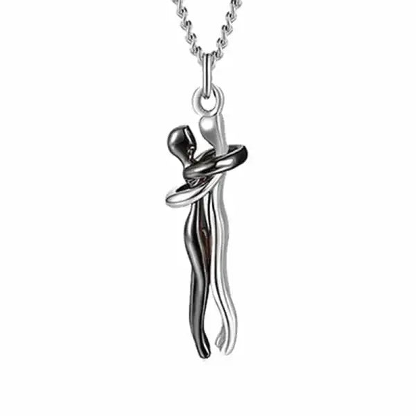 Abstract silver pendant of embracing couple, romantic couple jewelry love necklace for Valentine’s Day gifts