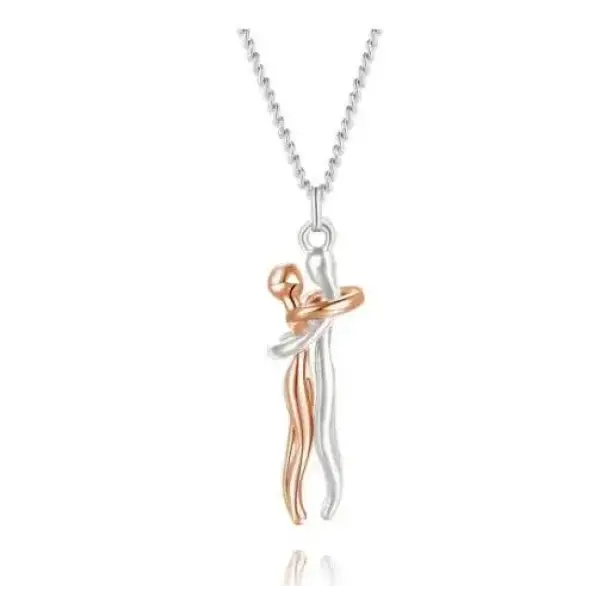 Two-tone silver rose gold pendant necklace with intertwined dancing figures, romantic couple jewelry for Valentine’s Day gifts
