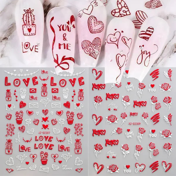 12 Sheets Valentine’s Red Heart Nail Stickers – 3D Self-Adhesive Decals