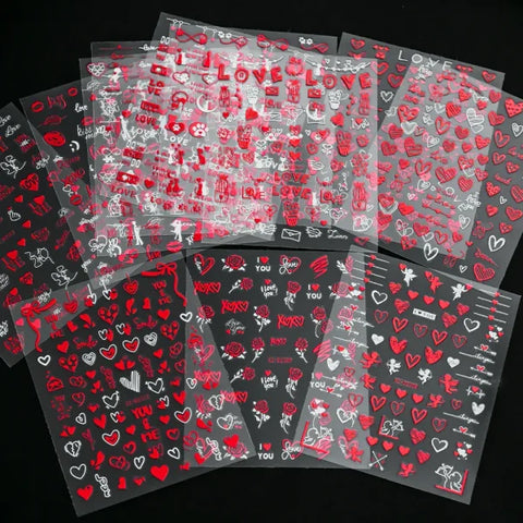 12 Sheets Valentine’s Red Heart Nail Stickers – 3D Self-Adhesive Decals