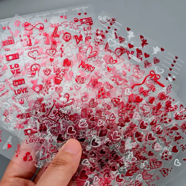 12 Sheets Valentine’s Red Heart Nail Stickers – 3D Self-Adhesive Decals