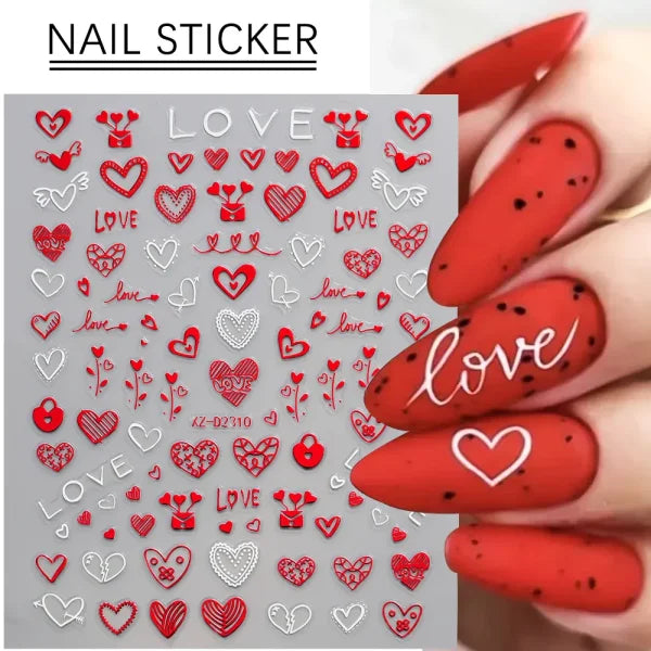 12 Sheets Valentine’s Red Heart Nail Stickers – 3D Self-Adhesive Decals