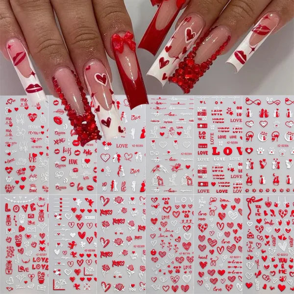 12 Sheets Valentine’s Red Heart Nail Stickers – 3D Self-Adhesive Decals