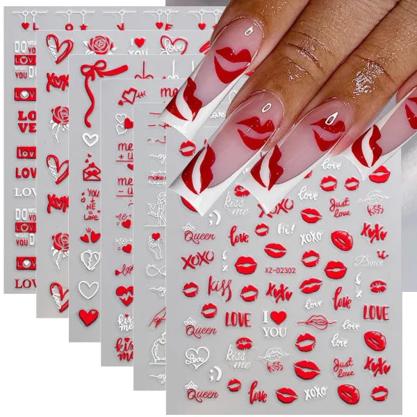 12 Sheets Valentine’s Red Heart Nail Stickers – 3D Self-Adhesive Decals