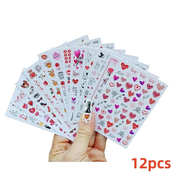 12 Sheets Valentine’s Red Heart Nail Stickers – 3D Self-Adhesive Decals - NL148-S1