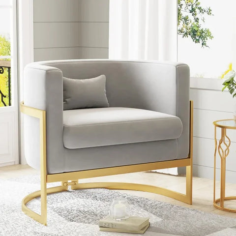 Velvet Accent Chair - Modern Barrel Chair with Gold Legs for Bedroom & Living Room - United States / Grey