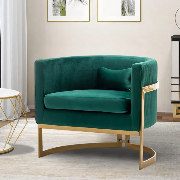 Velvet Accent Chair - Modern Barrel Chair with Gold Legs for Bedroom & Living Room - United States / Green