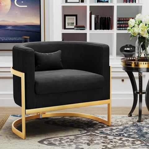 Velvet Accent Chair - Modern Barrel Chair with Gold Legs for Bedroom & Living Room - United States / Black