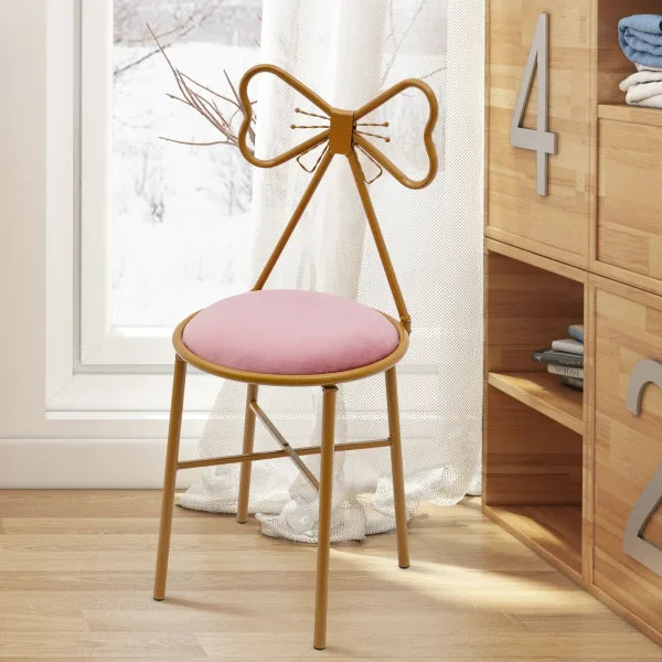 Velvet Vanity Chair - Pink Gold Makeup Stool with Backrest for Girls & Ladies - Pink / United States