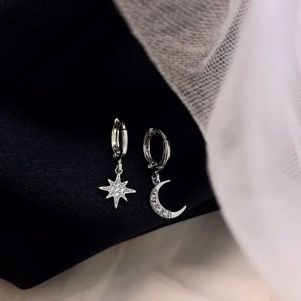 VENTFILLE 925 Sterling Silver CZ Star Moon Asymmetric Hoop Earrings for Women Girls Gold Silver Color Party Jewelry