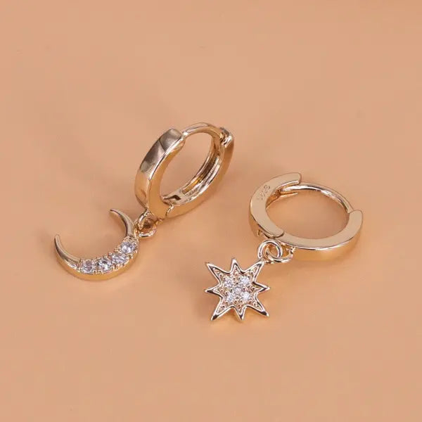 VENTFILLE 925 Sterling Silver CZ Star Moon Asymmetric Hoop Earrings for Women Girls Gold Silver Color Party Jewelry