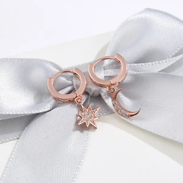 VENTFILLE 925 Sterling Silver CZ Star Moon Asymmetric Hoop Earrings for Women Girls Gold Silver Color Party Jewelry