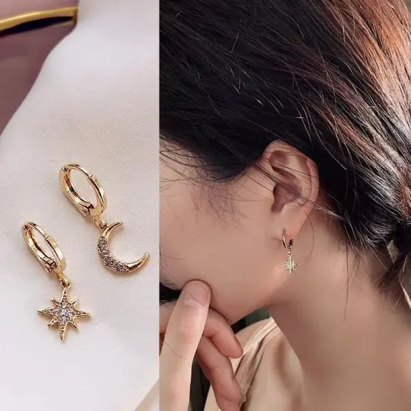 VENTFILLE 925 Sterling Silver CZ Star Moon Asymmetric Hoop Earrings for Women Girls Gold Silver Color Party Jewelry