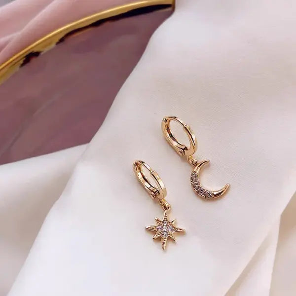 VENTFILLE 925 Sterling Silver CZ Star Moon Asymmetric Hoop Earrings for Women Girls Gold Silver Color Party Jewelry