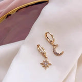 VENTFILLE 925 Sterling Silver CZ Star Moon Asymmetric Hoop Earrings for Women Girls Gold Silver Color Party Jewelry