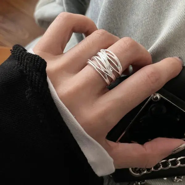 925 Sterling Silver Rings INS Fashion Hip Hop Vintage Couples Hollow Lines Punk Thai Silver Party Adjustable Jewelry