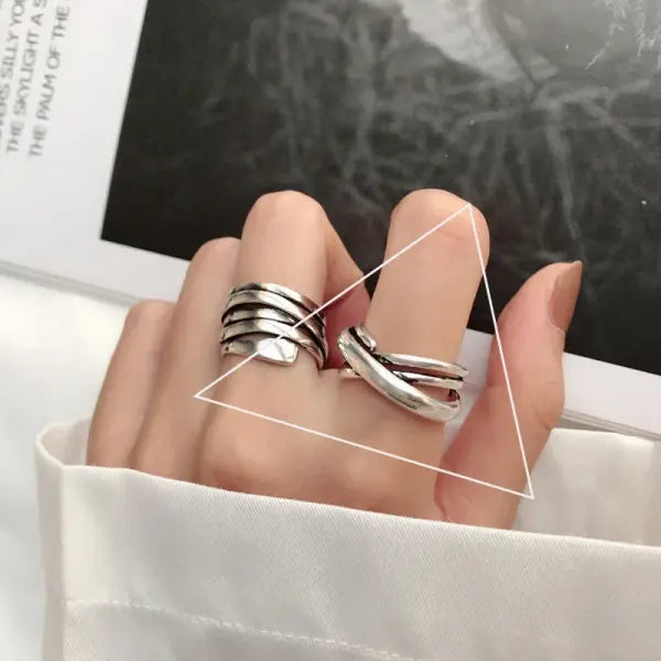 925 Sterling Silver Rings INS Fashion Hip Hop Vintage Couples Hollow Lines Punk Thai Silver Party Adjustable Jewelry