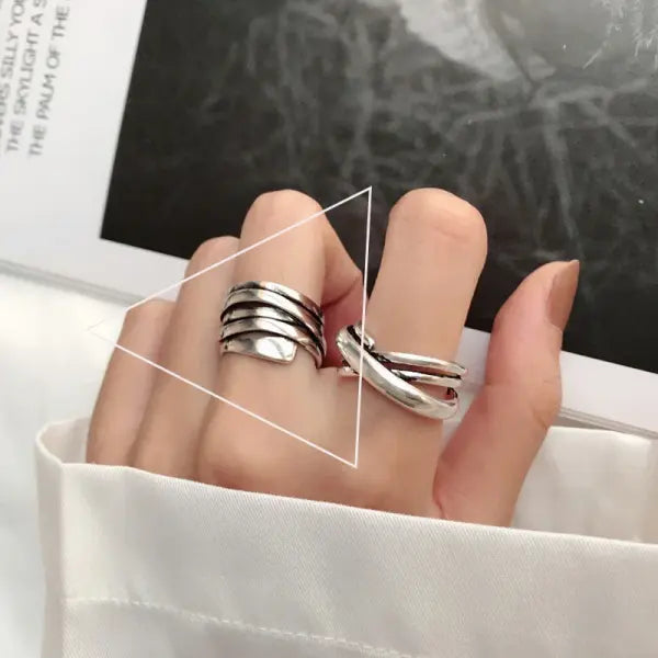 925 Sterling Silver Rings INS Fashion Hip Hop Vintage Couples Hollow Lines Punk Thai Silver Party Adjustable Jewelry