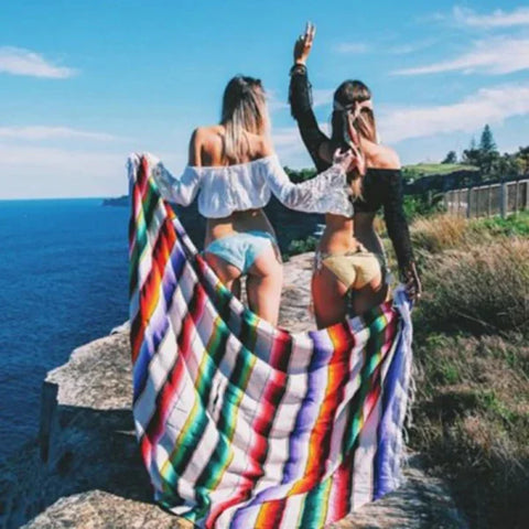 Mexican Serape Blanket – Striped Rainbow Travel Beach Mat with Tassels - Beige / 35x210cm / United States