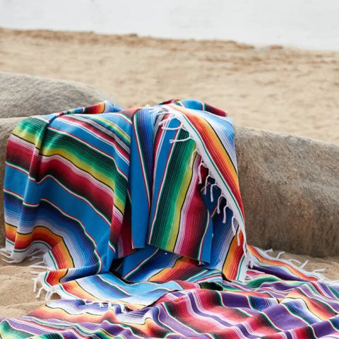 Mexican Serape Blanket – Striped Rainbow Travel Beach Mat with Tassels - Blue / 120x180cm / United States