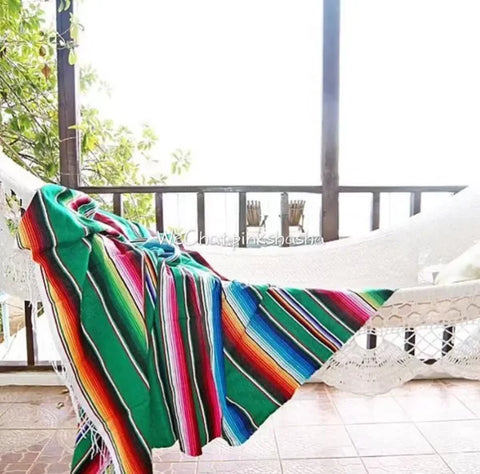 Mexican Serape Blanket – Striped Rainbow Travel Beach Mat with Tassels - Green / 150x215cm / United States