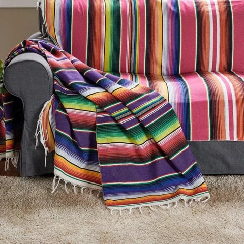 Mexican Serape Blanket – Striped Rainbow Travel Beach Mat with Tassels - Purple / 120x180cm / United States